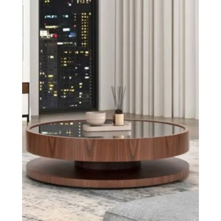 Modern Round Glass Top Coffee Table with Wooden Base