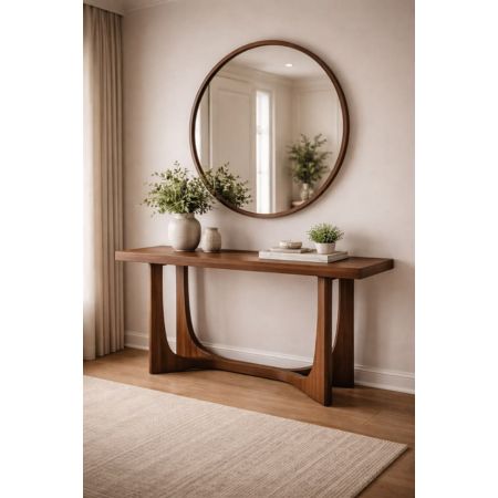 Modern Minimalist Walnut Console Table with Round Mirror