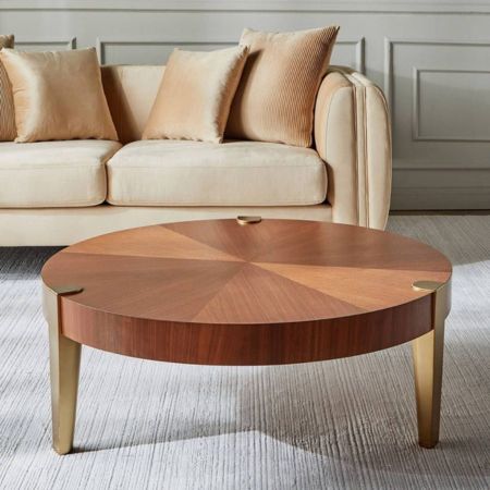 Modern Round Wooden Coffee Table with Gold Metal Legs