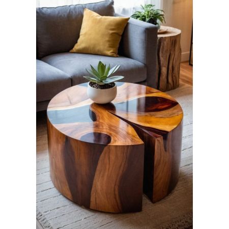 Modern Solid Wood Round Coffee Table with Artistic Split Design