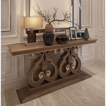 Designer Walnut Console Table with Scroll Pedestal Base