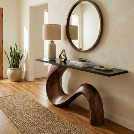 Modern Sculptural Walnut Console Table with Round Mirror