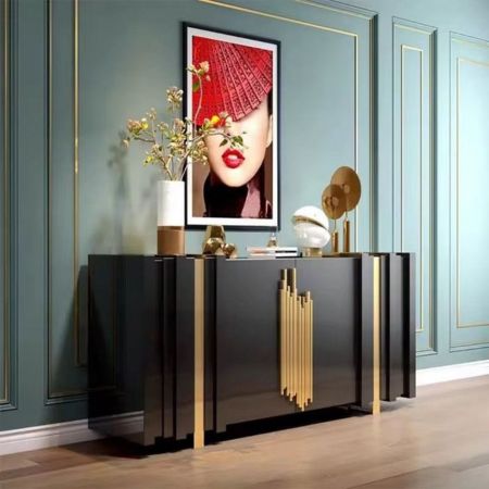 Luxury Black & Gold Fluted 4-Door Sideboard Cabinet