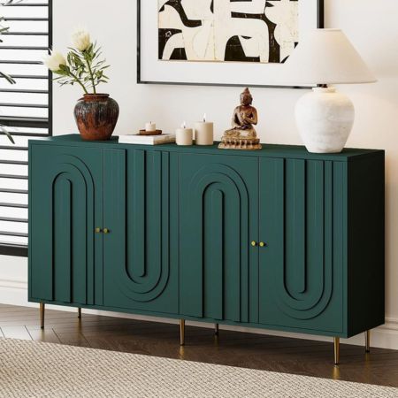 Modern Emerald Green Fluted Arch 4-Door Sideboard Cabinet