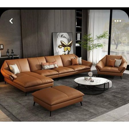 Modern Luxury Cognac Leather L-Shape Sectional Sofa with Ottoman