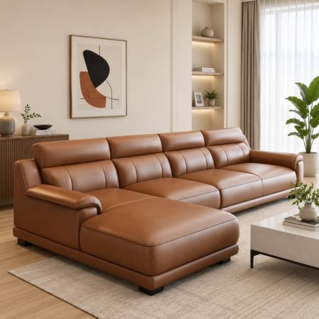 Luxury Modern Brown Leather L-Shape Sectional Sofa with Chaise