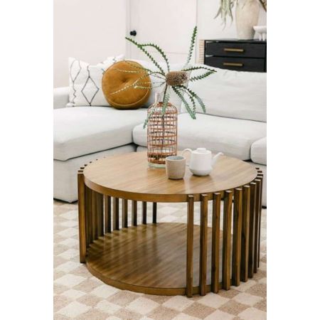 Modern Round Wooden Coffee Table with Open Shelf