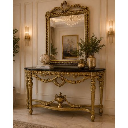 Royal Antique Gold Console Table with Ornate Mirror