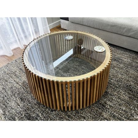 Modern Round Glass Coffee Table with Slatted Wooden Base